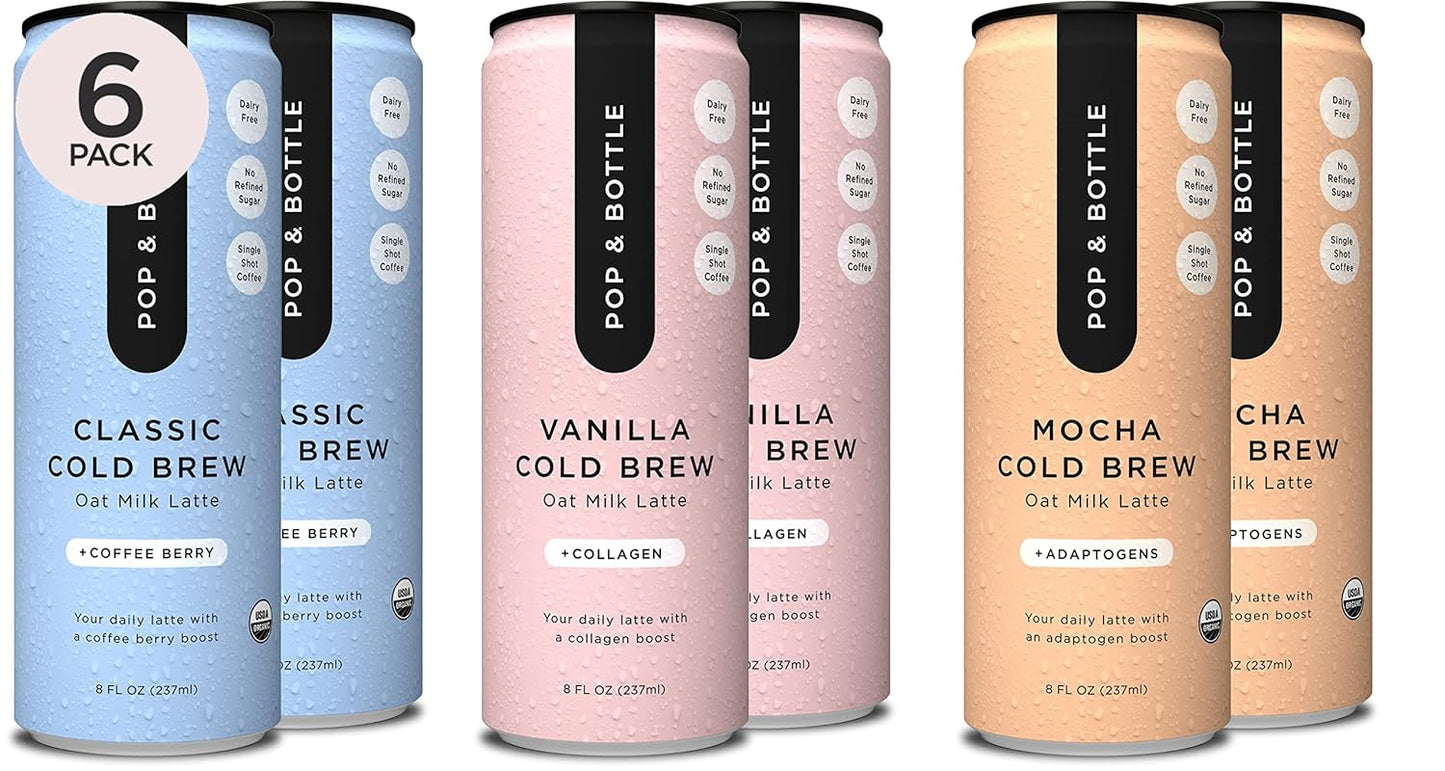 Pop & Bottle, Oat Milk Lattes - Cold Brew, Maca, Antioxidants, Ashwagandha, MCT Oil, Collagen, Organic, Diary Free, Gluten Free, Lightly Sweetened with Dates - Variety, 8 Fl Oz (6 Pack)