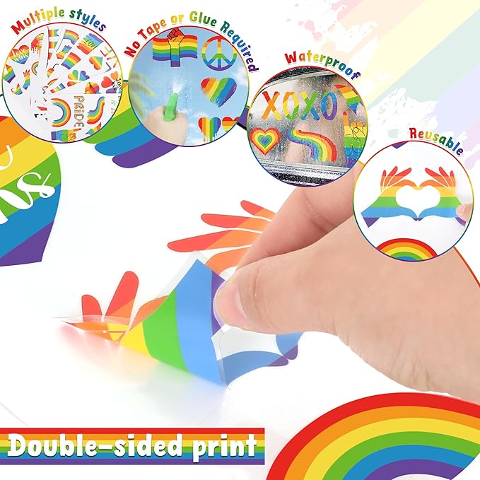 9 Sheets LGBT Rainbow Window Clings, Pride Decorations Window Cling, Gay Love Heart Stickers, Double-Side Pride Wall Clings Decals for Pride Day LGBTQ Rainbow Party Parades Supplies Decor
