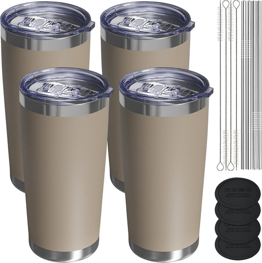 Travel Coffee Tumbler 20oz, 4 Pack Leakproof Travel Coffee Mug with Lid and Straw, Stainless Steel Double Wall Vacuum Insulated Tumbler for Hot/Iced Drinks (Textured Matte, Brown)
