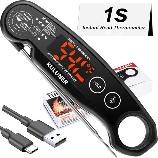 1-Second Rapid and Accurate Meat Thermometer - Waterproof Multifunctional Kitchen Food Thermometer, Ideal for Frying, Smoking, Grilling and More (Black)
