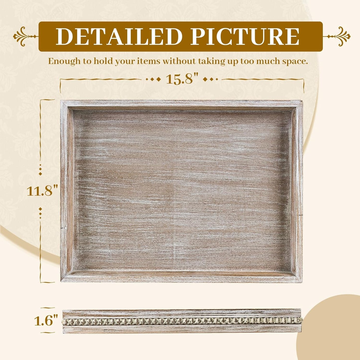 MAONAME Wood Serving Tray, Farmhouse Wooden Tray for Coffee Table, Rustic Rectangle Trays with Beads, Washed White Decorative Trays for Living Room, Kitchen, 15.7" X 11.8" X 1.57"