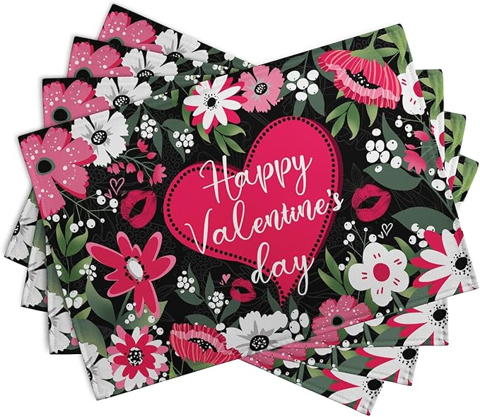 Happy Valentine's Day Placemats Set of 4 Valentine Flowers Love Heart Place Mats Pink Red White Floral Linen Table Mats Seasonal Black Placemat for Anniversary Wedding Party Kitchen Dining Decor