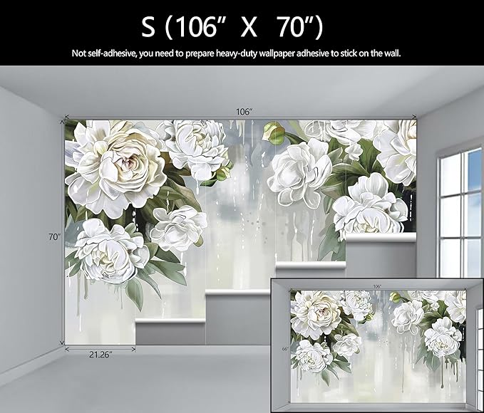 Vintage Floral Wallpaper Bedroom Hand-Painted White Peonies Flowers Wall Mural Children's Room (Not Peel and Stick)