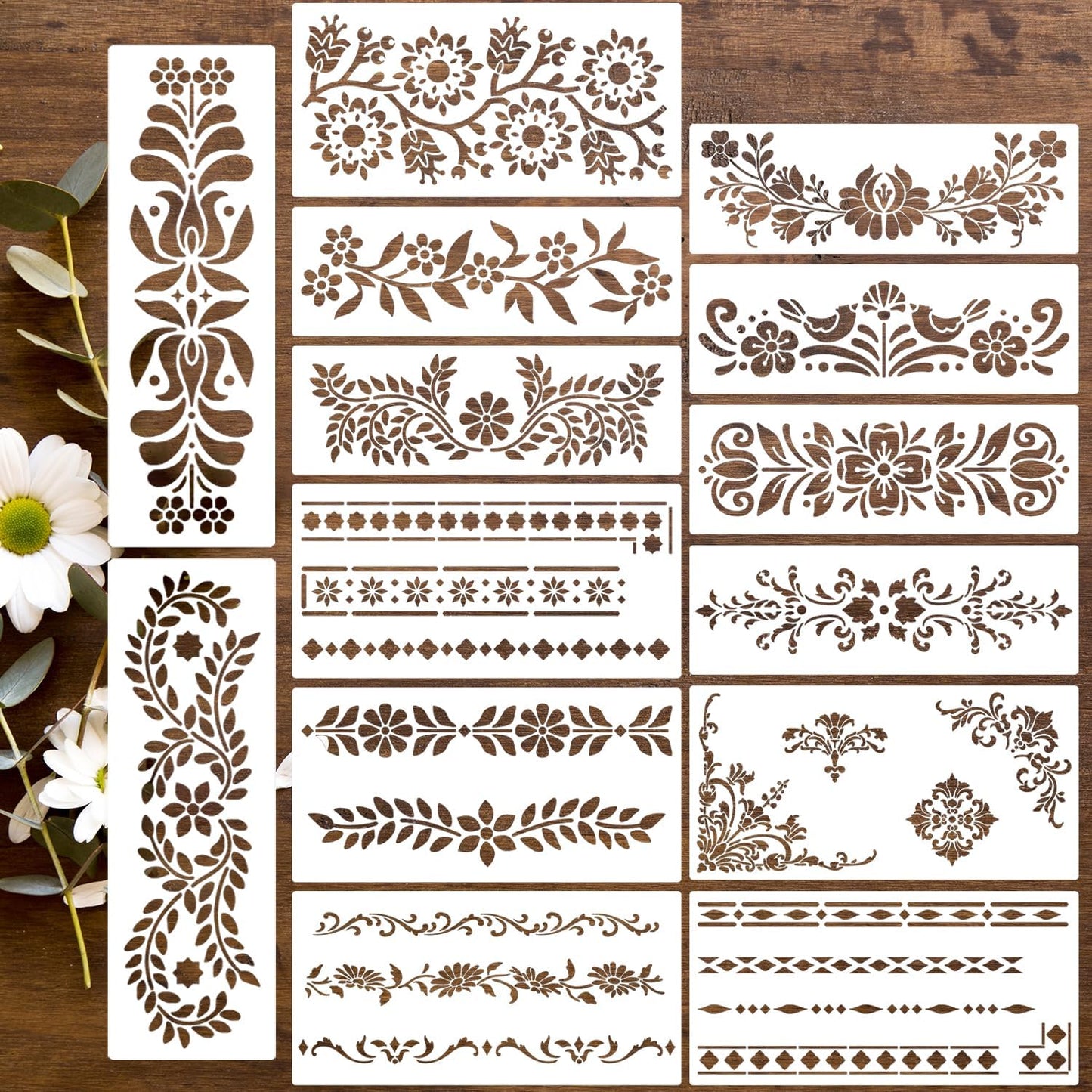 Talavera Stencils for Crafts Reusable Floral Stencils for Walls Mexican Flower Border Corner Drawing Stencil for Wood Furniture Wall Canvas Floor