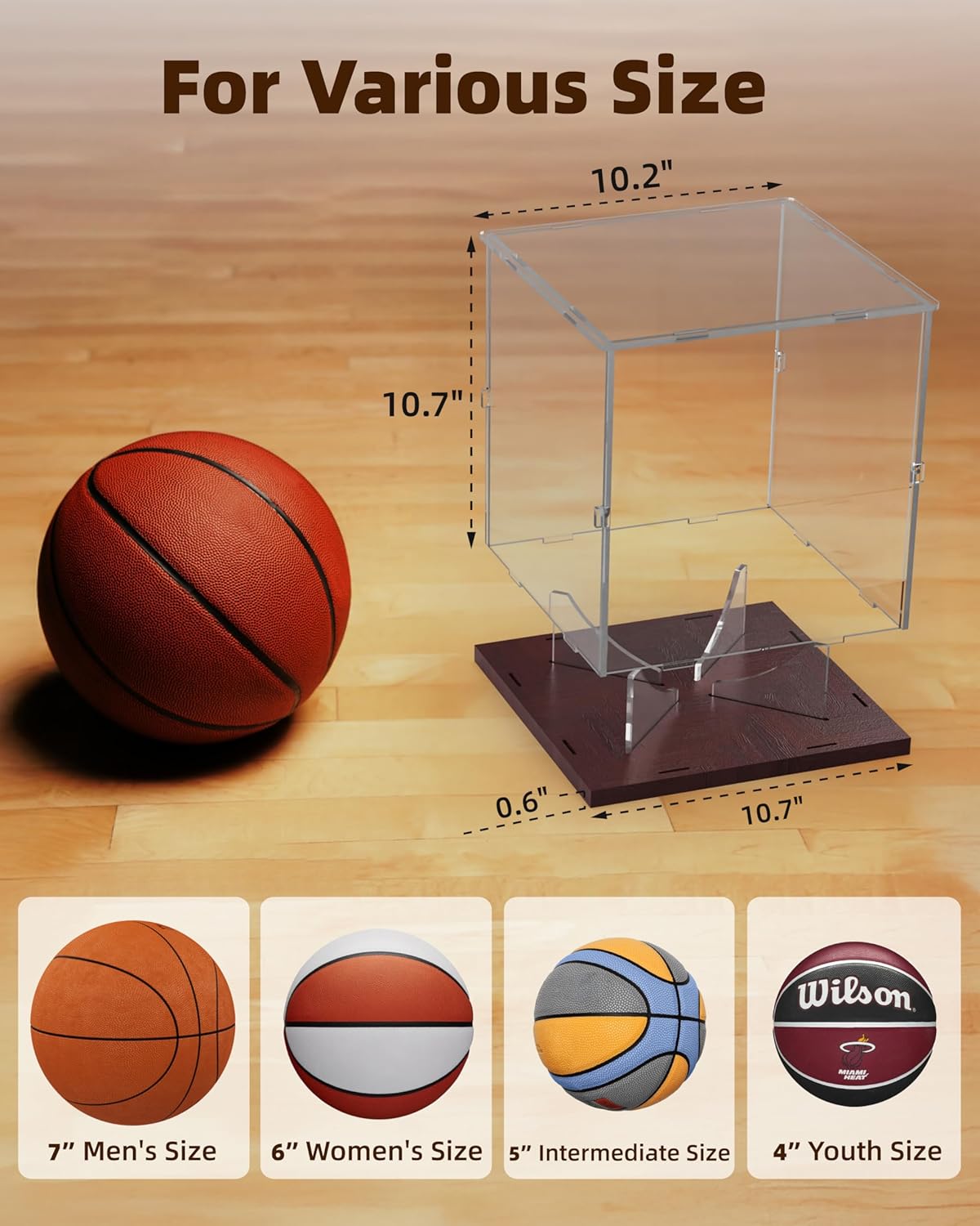 Basketball Display Case Acrylic Clear, UV Protected Basketball Stand Box Full Size with Solid Wood Base, Soccer Display for Autographed Standard NBA WNBA Ball Memorabilia Keepsake, Ideal Gift