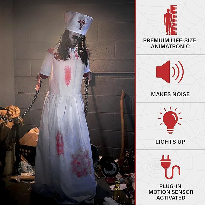 Haunted Hill Farm Life-Size Animatronic Convulsing Nurse by Tekky Halloween Decoration with Motion-Activated Sounds