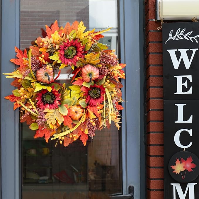 Fall Wreaths for Front Door 24 Inch- Full&Realistic Autumn Maple Leaves Wreath,Large Fall Door Wreath with Sunflower,Pumpkin,Berries for Thanksgiving Harvest Festival Decorations