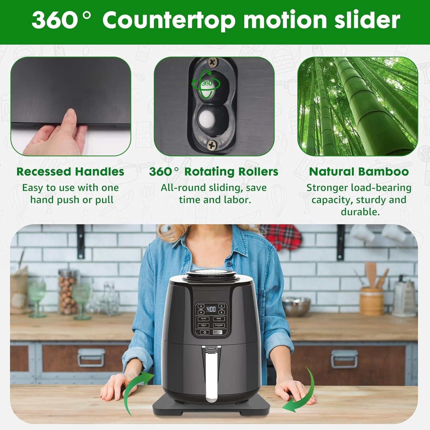 Appliance Slider 360° Rolling Tray for Coffee Maker Bamboo Coffee Pot Slider Tray Countertop Rotation Sliding Tray with Wheels, Small Appliances Mat Easily from Under the Cabinet Black(13.9"×9.4")