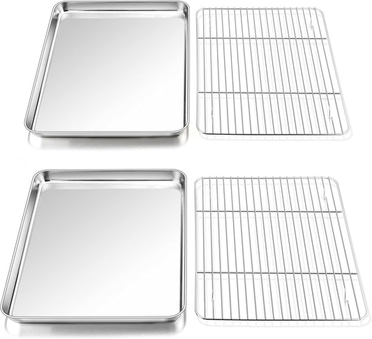 P&P CHEF 16 Inch Stainless Steel Baking Sheet with Rack Set (2 Pans+ 2 Racks), Cookie Sheets Baking Trays and Cooling Wire Racks, Oven & Dishwasher Safe, Pans with Flat Racks