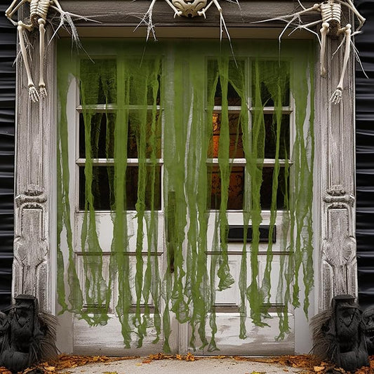 RunNico 2Pcs 85" x 60" Large Halloween Door Curtain Decoration, Green Gauze Doorway Curtain, Creepy Cloth Strip Drape for Halloween Horror Theme Party Haunted House Costume Decor