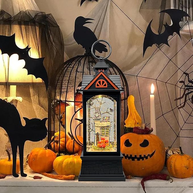 Halloween Snow Globe Lantern with 6 Hour Timer,Halloween Decorations Indoor for Home,Halloween Decor,USB or Battery Powered for Halloween Lanterns,Halloween Spooky Town
