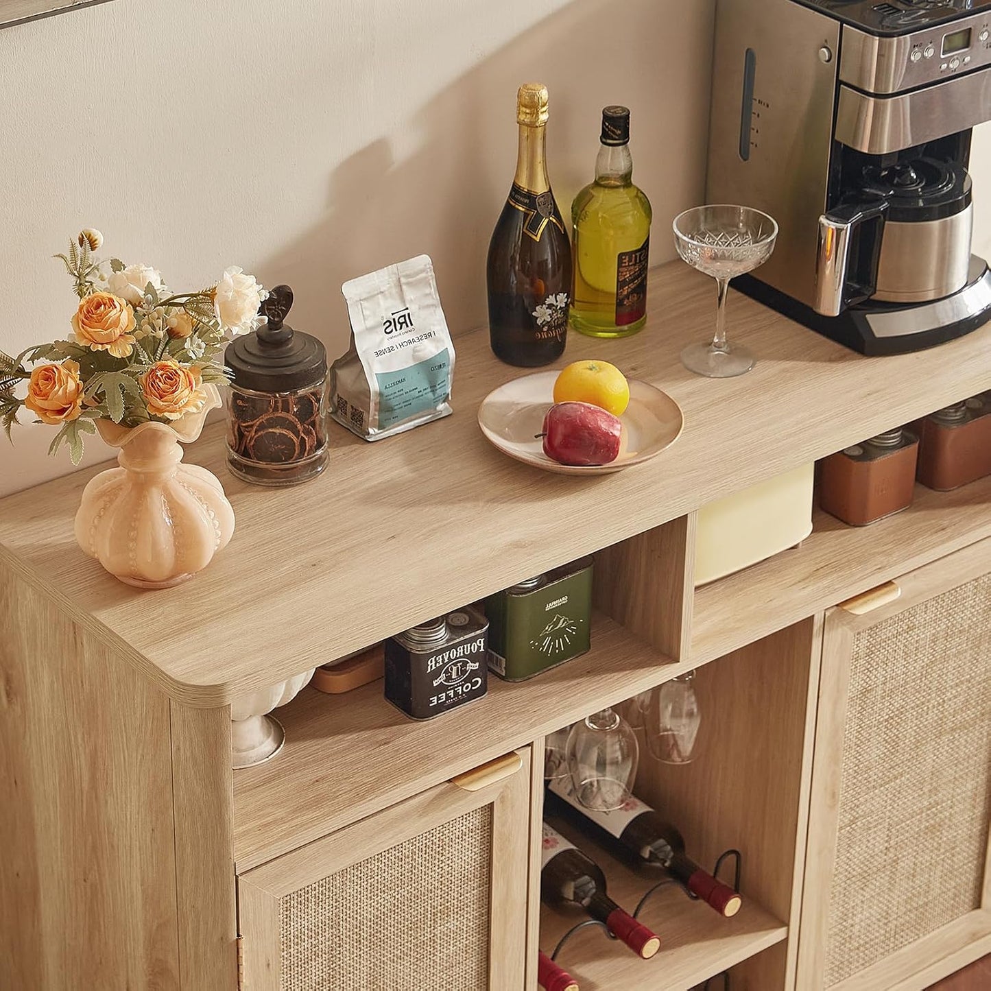 Lerliuo 47.2" Rattan Wine & Liquor Cabinet with 2 Doors, Boho Farmhouse Coffee Bar Station, Built-in Wine Racks & Storage, Adjustable Shelves for Living Room, Dining Room, Kitchen, Natural Wood