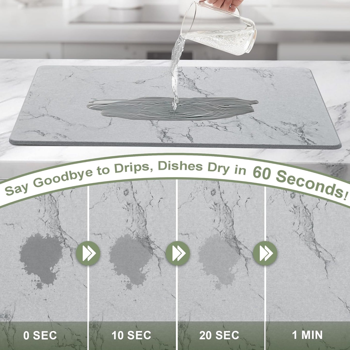 Large Stone Drying Mat for Kitchen Counter, 24" × 16" Diatomite Dish Drying Mat, Quick Dry Stone Mats, Ultra Absorbent Natural Diatomaceous Earth Mats for Dished, Bottles, Grey Marble