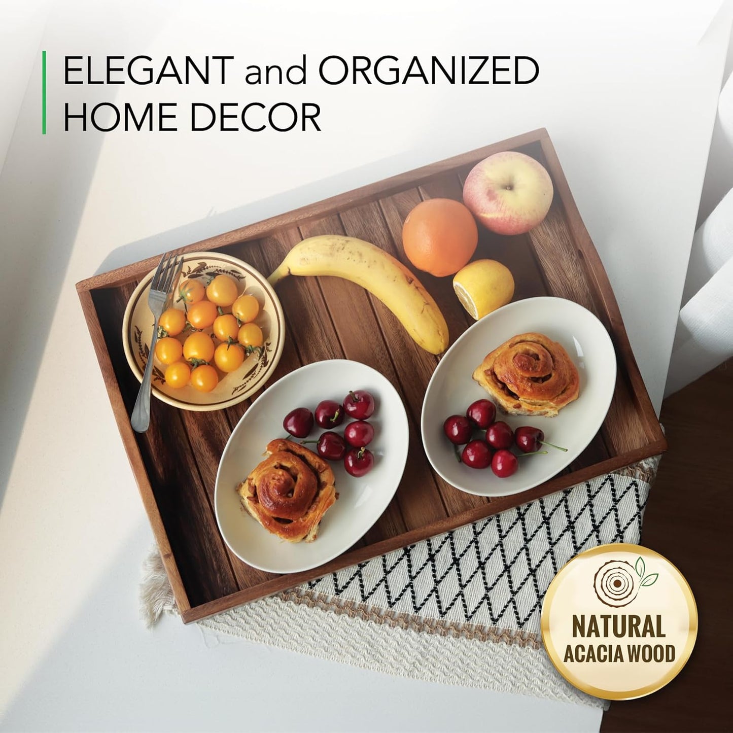 Large Acacia Wooden Serving Tray with Handles 20 x 14 inch Decorative Coffee Table Ottoman Tray for Living Room Extra Large for Kitchen Dinner Food Bar Breakfast in Bed (Color Natural)