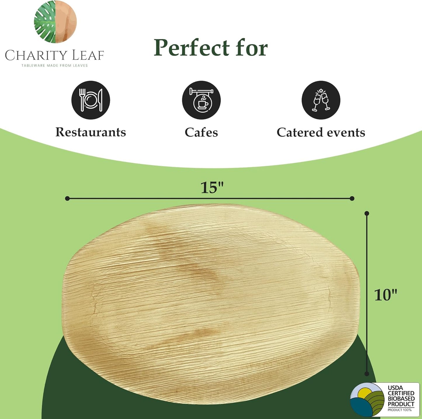 Charity Leaf Disposable Palm Leaf 15" x 10" Trays (10 pieces) Bamboo Like Serving Platters, Disposable Boards, Eco-Friendly Dinnerware For Weddings, Catering, Events