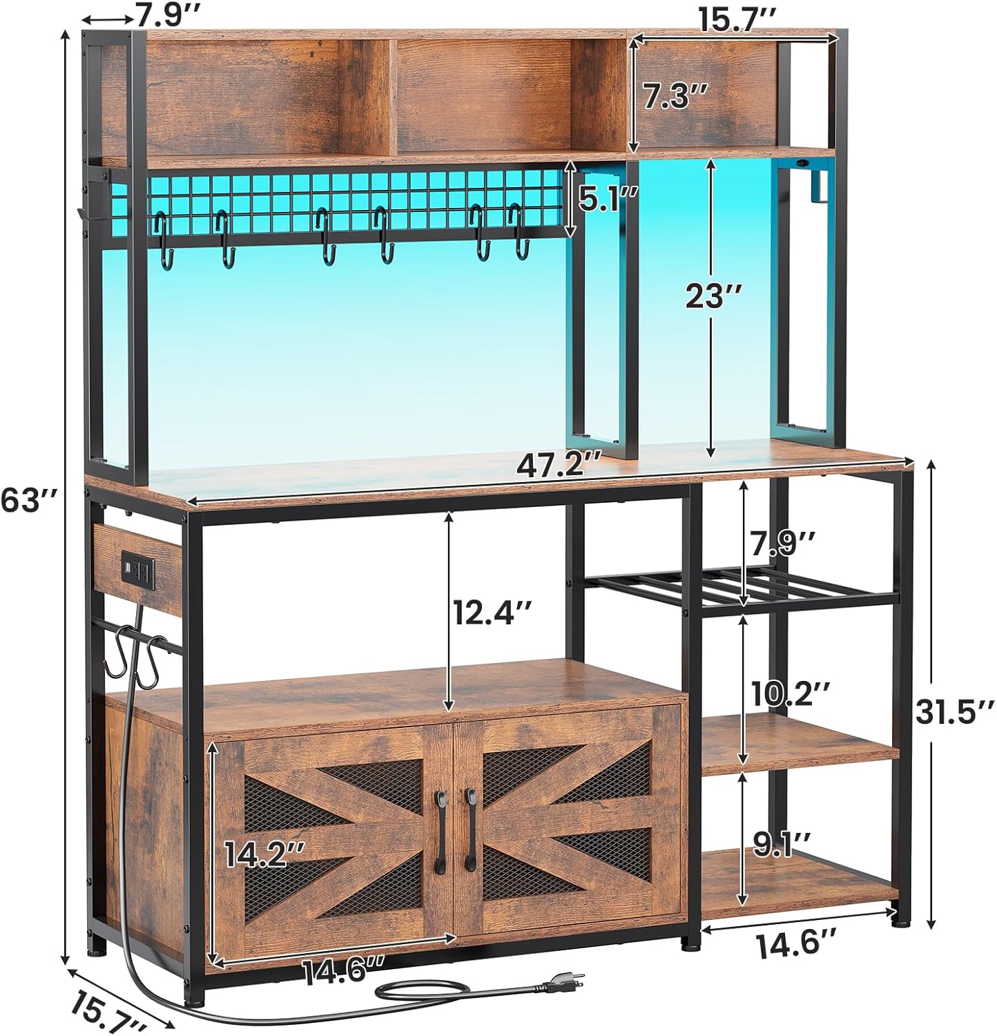 Itaar 47.2 Inch Bakers Rack with Power Outlet, Microwave Stand with Storage, Farmhouse Coffee Bar Cabinet Station with Wine Rack, Iron Mesh and 8-S Hooks (Rustic Brown)