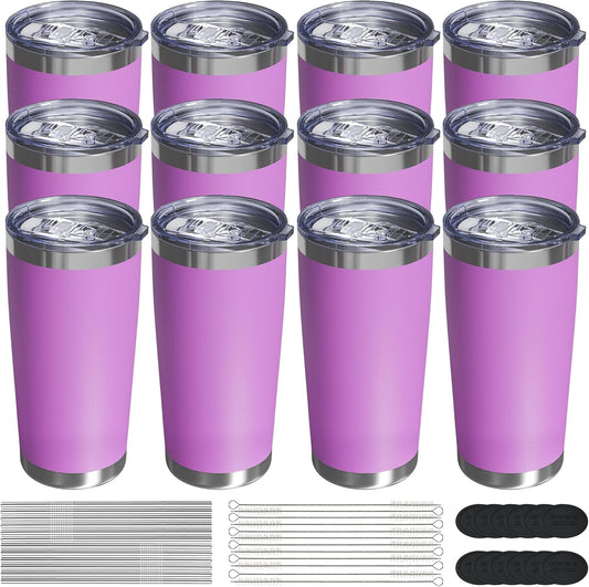 Travel Coffee Tumbler 20oz, 12 Pack Leakproof Travel Coffee Mug with Lid and Straw, Stainless Steel Double Wall Vacuum Insulated Tumbler for Hot/Iced Drinks (Textured Matte, Lilac Pink)