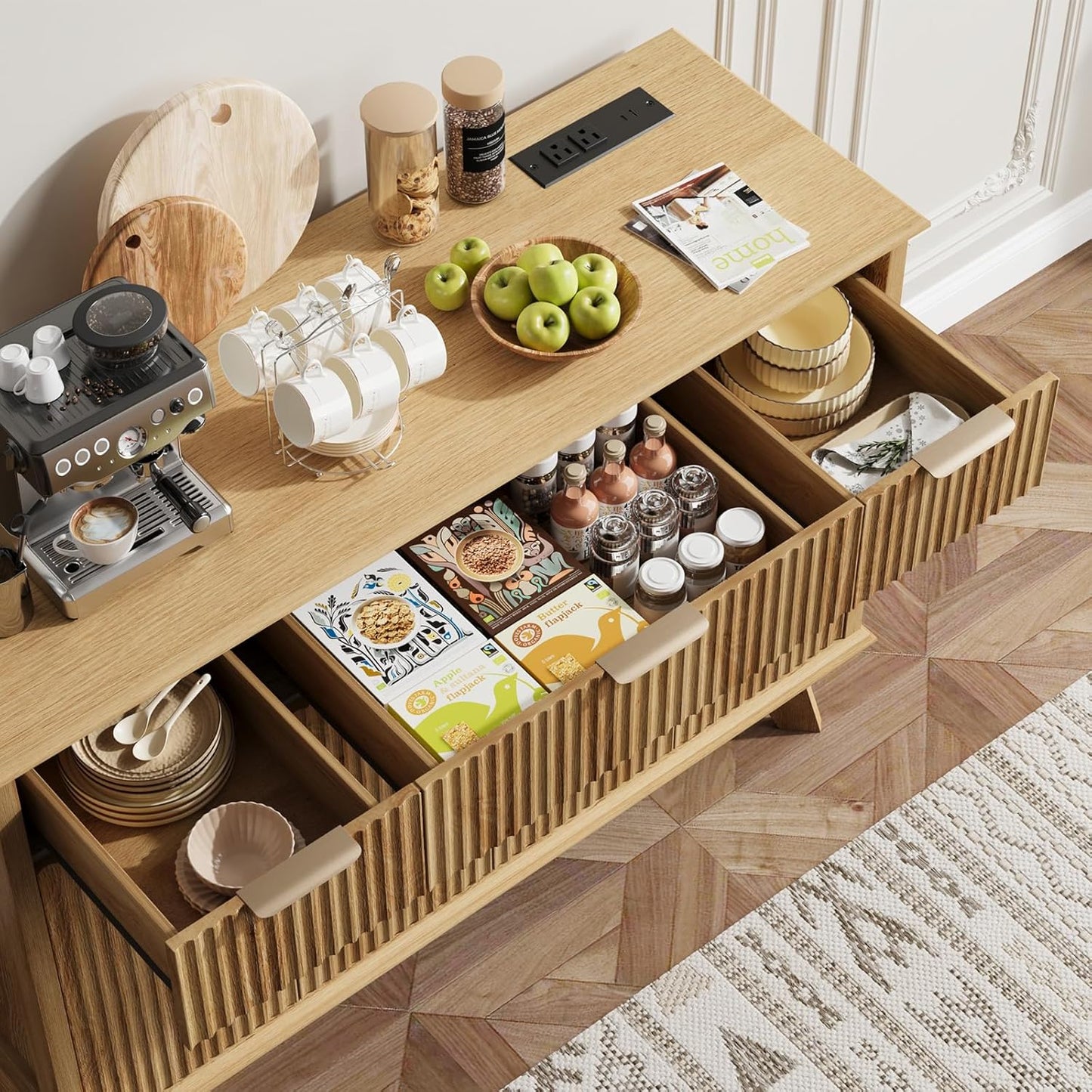 QUW Fluted Sideboard Buffet Cabinet with Charging Station, 47.2" Kitchen Storage Cabinet with Drawers and Adjustable Shelves, Modern Coffee Bar Kitchen Table for Dining Room, Living Room, Natural Oak