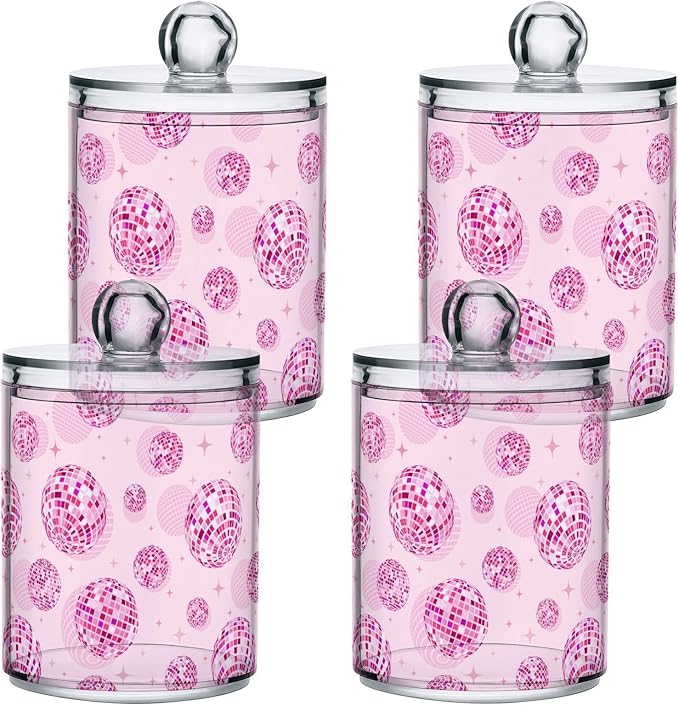 2 Pack Qtip Holder Organizer Dispenser Disco Balls Pink Bathroom Storage Canister Cotton Ball Holder Container for Cotton Pads/Swabs/Floss