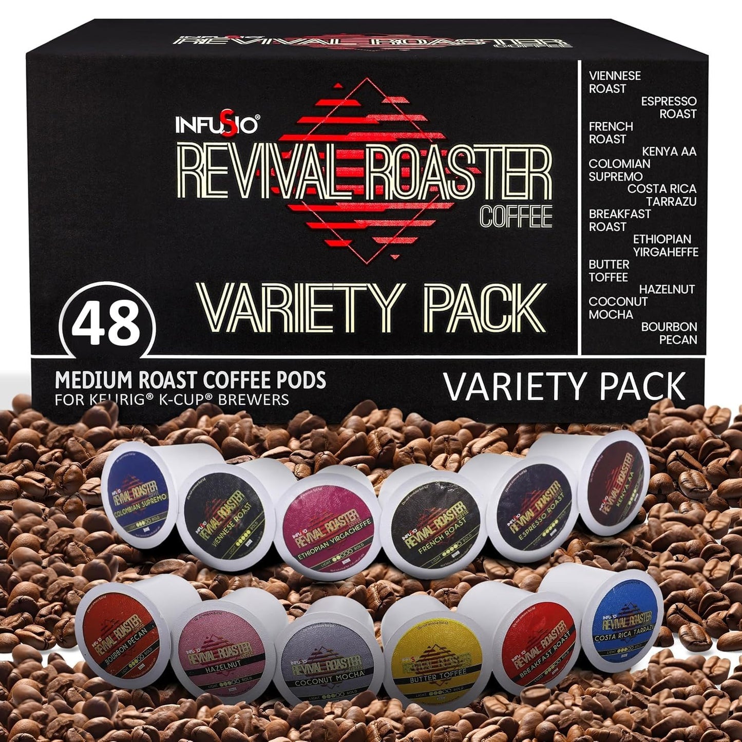 InfuSio Coffee Pods Variety Pack – 48 Count, 12 Crafted Medium & Dark Roast Blends and Artisan-Inspired Flavors Like Bourbon Pecan & Butter Toffee, Revival Roaster Collection, Compatible with Keurig 2.0 Brewers