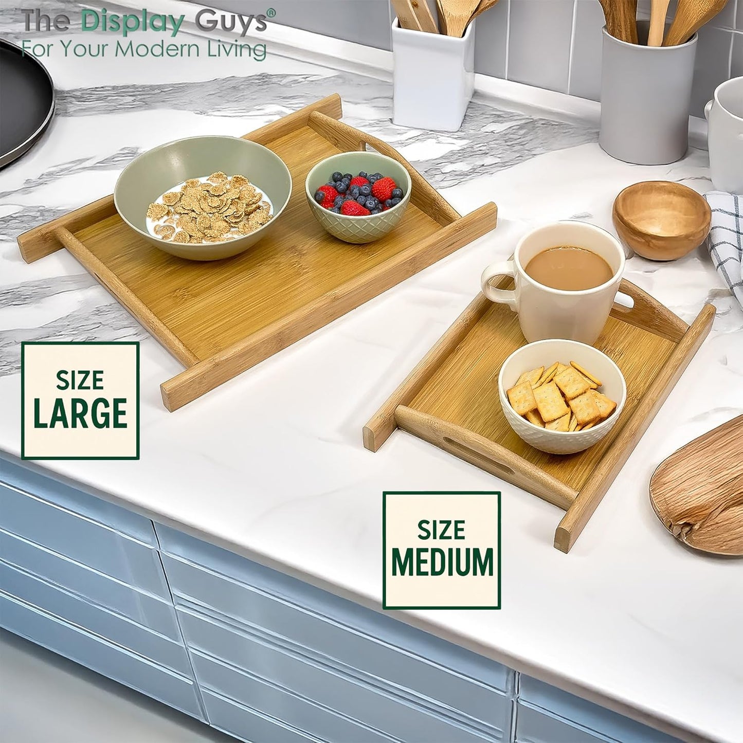 Natural Bamboo Serving Tray w/Handles (Medium) - Decorative Platter for Food, Breakfast, Wooden Coffee Table, Ottoman, Couch, Picnic by The Display Guys