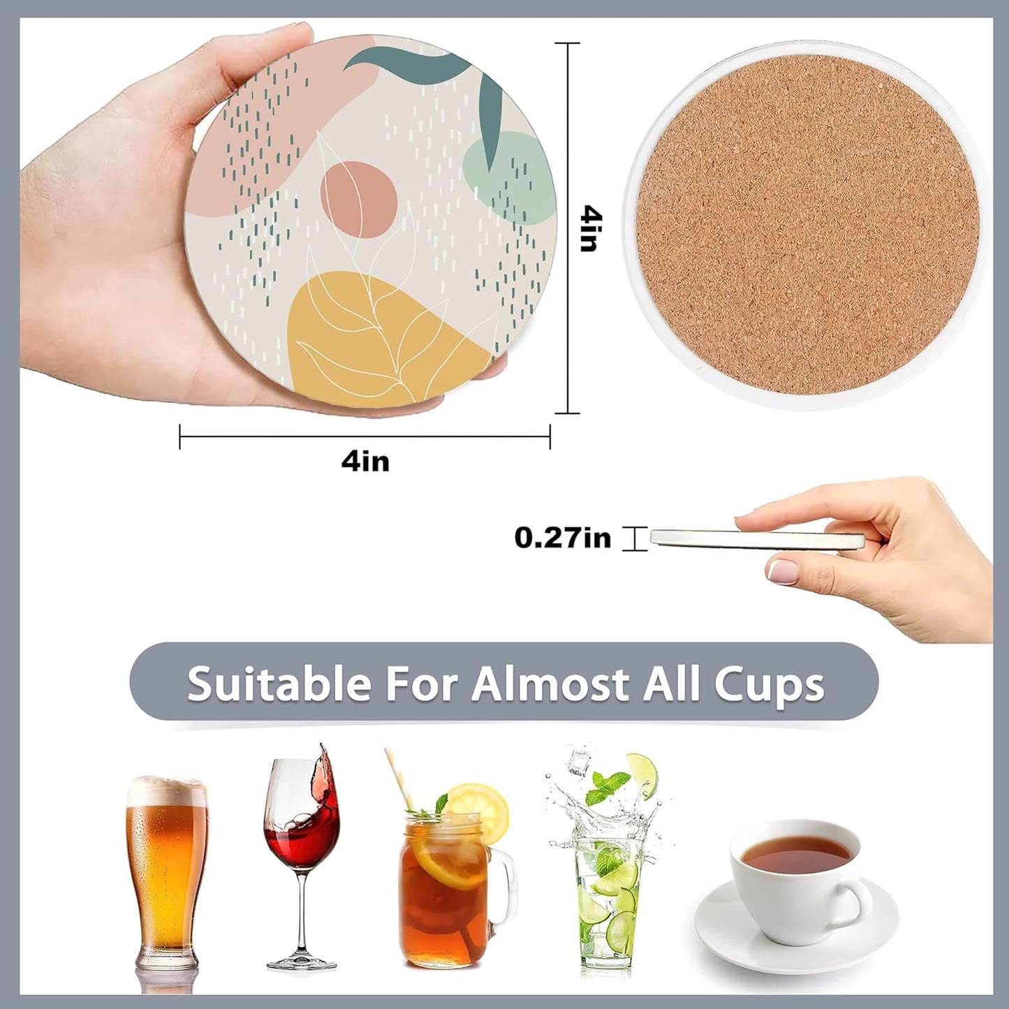 Drink Coasters Set of 6 with Holder,Abstract Dots and Leaves Absorbent Ceramic Coasters with Cork Base,Fit All Cups,Tabletop Protection Mat for Mugs and Cups,Office,Kitchen