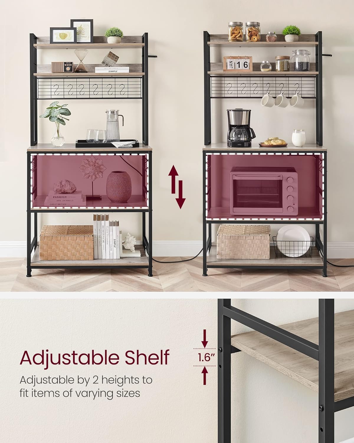 VASAGLE Hutch Bakers Rack with Power Outlet, 14 Hooks Microwave Stand, Adjustable Coffee Bar with Metal Wire Panel, Kitchen Storage Shelf, 15.7 x 31.5 x 66.9 Inches, Greige and Black UKKS025B02