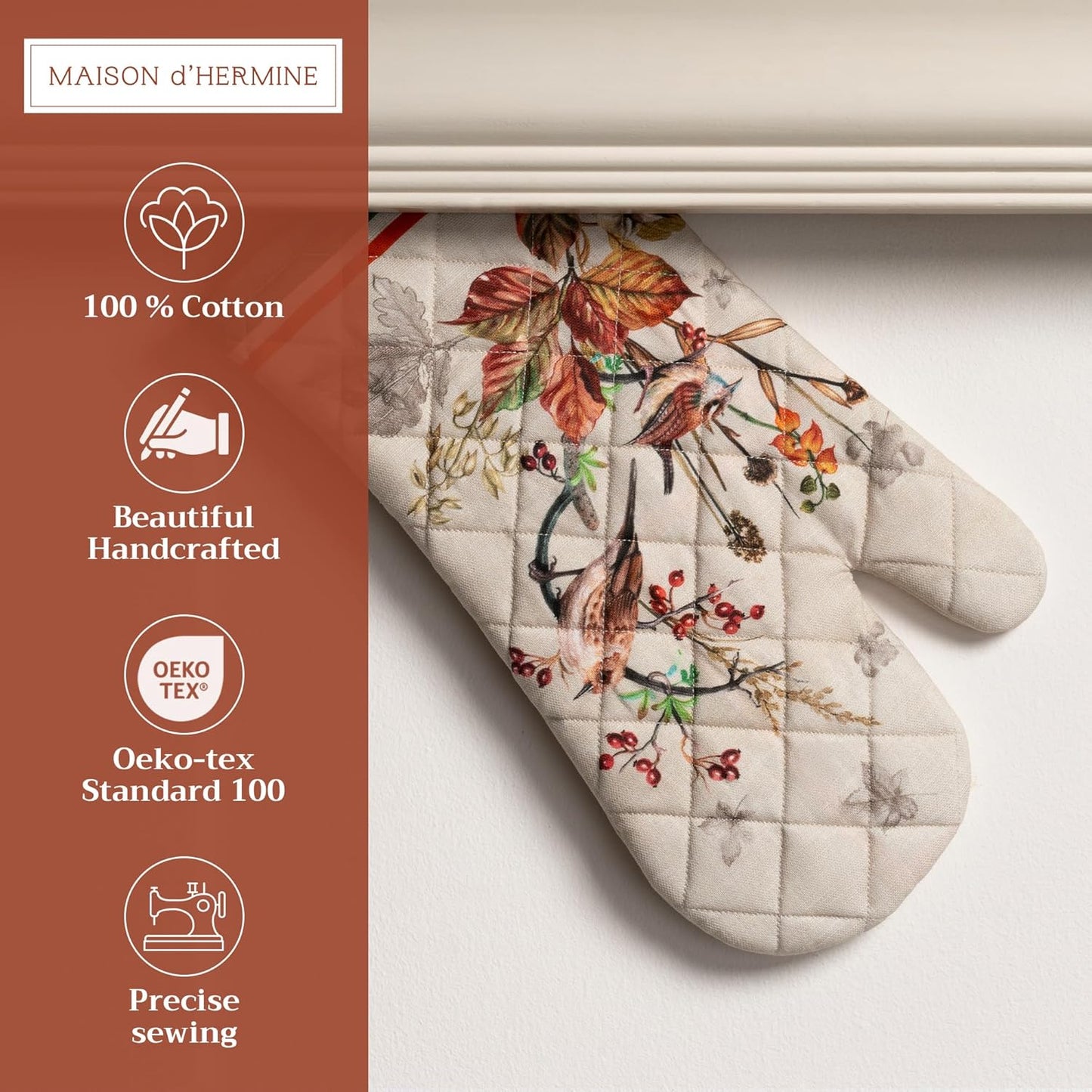 Maison d' Hermine Oven Gloves 100% Cotton Oven Mitt 7" x 13" with Loop Heat Resistant, BBQ, Cooking Gloves, Baking, Grilling, Kitchen, Handling Hot Pans (Pack of 1, Recolte)