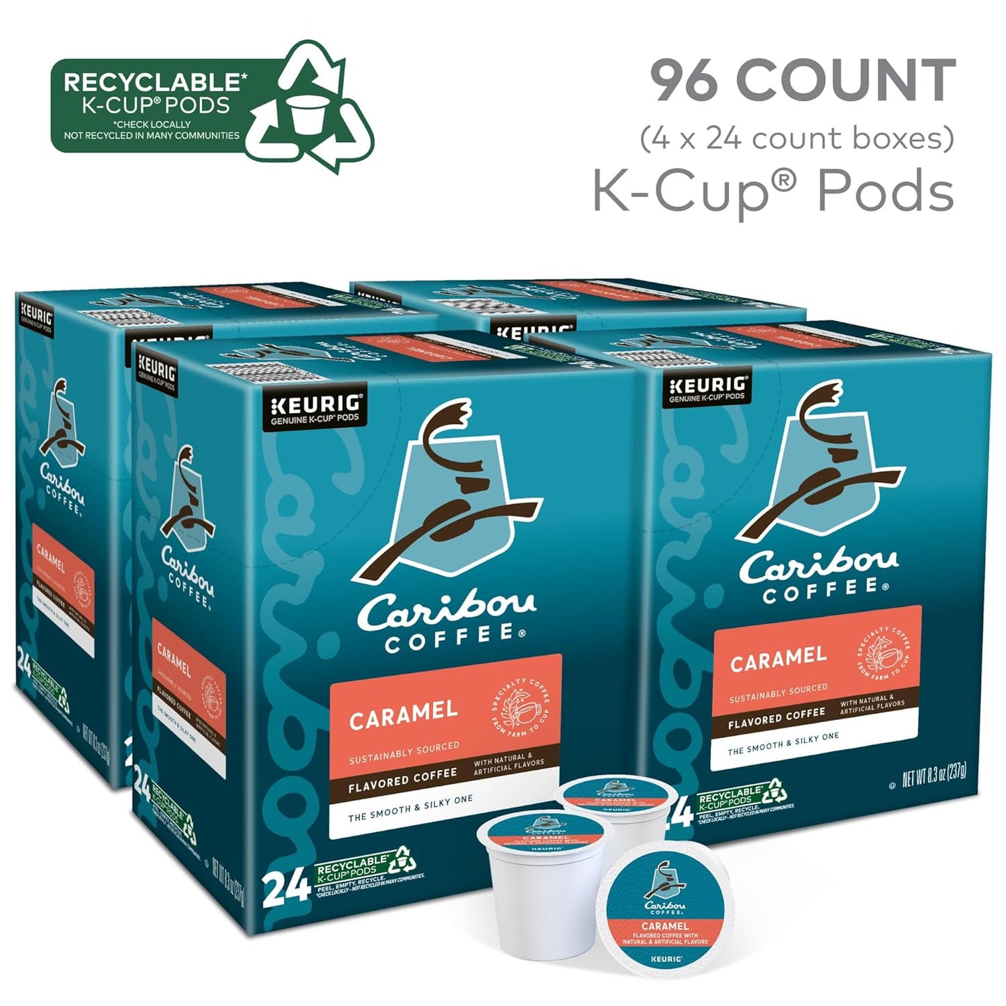 Caribou Coffee Caramel Flavored Coffee, Single Serve Keurig K-Cup Pods, Medium Roast Coffee, 96-Count Box (Pack of 4)