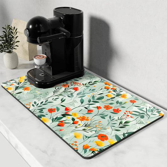 Rnivvi Coffee Mat, 12" x 19" Cute Coffee Bar Mats for Espresso Machine Station Accessories and Organizer, Hide Stain Rubber Backed Absorbent Dish Drying Pad for Kitchen Counter, Abstract Flowers
