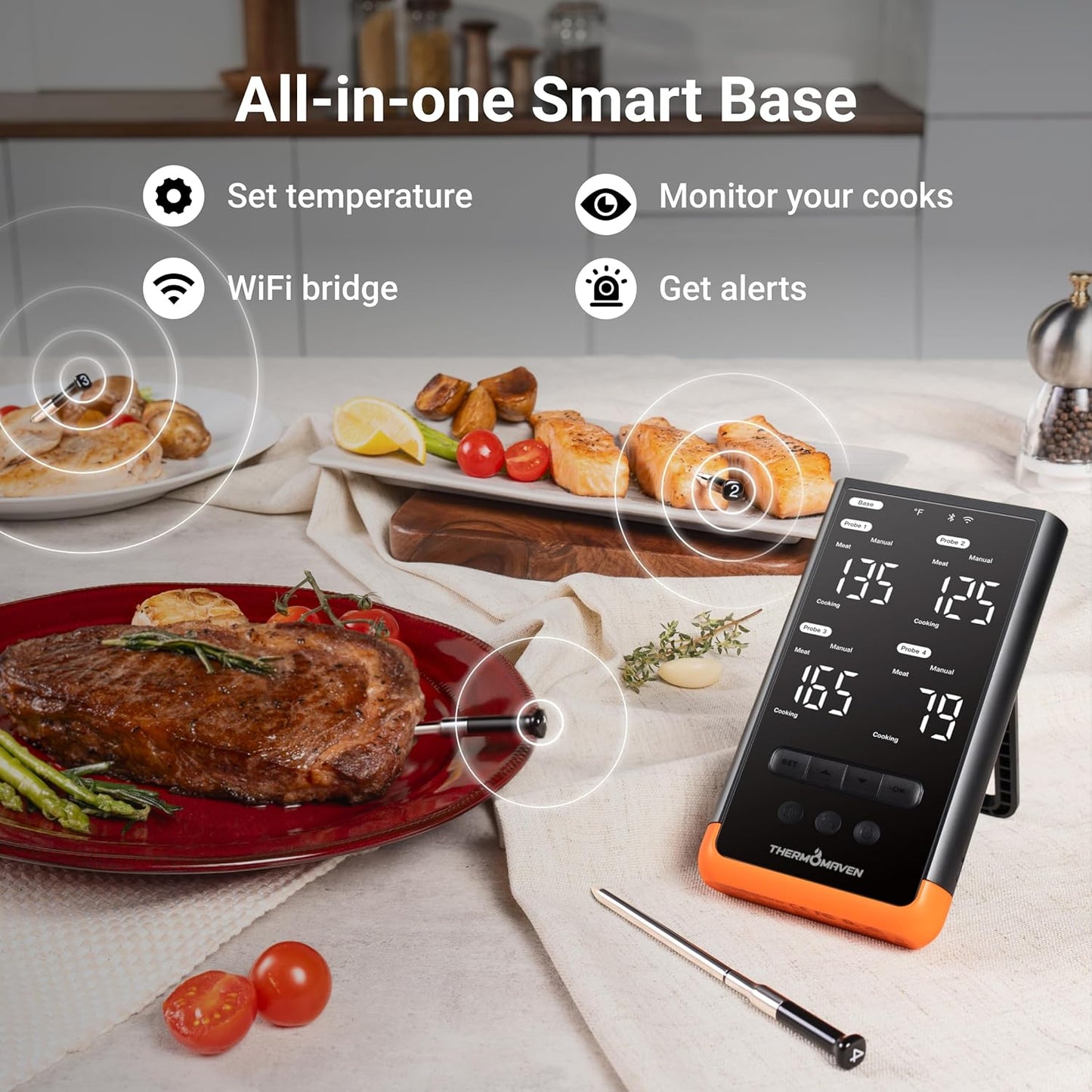 Wireless Bluetooth Smart Meat Thermometer: Standalone Base, WiFi Thermometer with Sub-1G, 6 Sensors NIST Certified Accuracy, 4 Probes, for Kitchen, BBQ, Grill, Oven, Smoker, Rotisserie