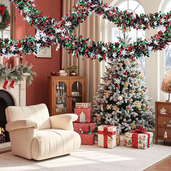 50 Feet Green Red Christmas Metallic Tinsel Twist Hanging Garland with Snowflake for Home Mantle Xmas Tree Staircase Railing New Year Holiday Party Indoor Outdoor Decorations