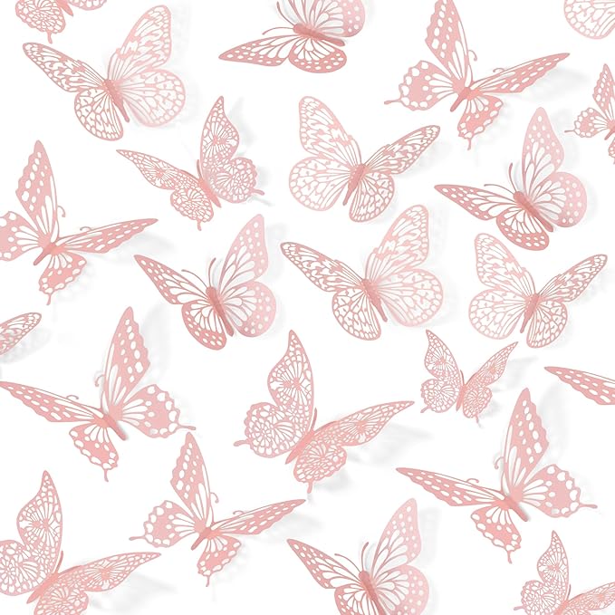 SAOROPEB 3D Butterfly Wall Decor - 48 Pcs, 4 Styles, 3 Sizes - Removable Wall Stickers for Pink Room Decor, Birthday Parties, Cake Decorations