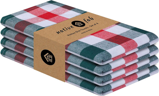 Native Fab Gingham Check Kitchen Towels 4 Pack 16x26 Inches - 100% Cotton, Soft, Absorbent Tea Towels & Kitchen Hand Towel for Drying, Cleaning & Reusable Dishcloths Set - Red, Green, White