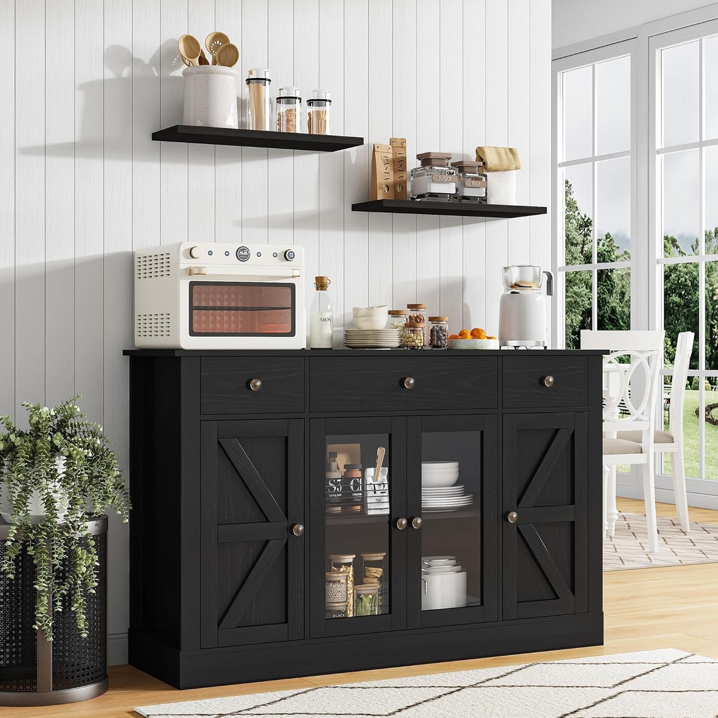 4 EVER WINNER 55" Coffee Bar with 4 Glass Doors and 3 Drawers, Sideboard Buffet Cabinet with Storage, Farmhouse Coffee Bar Cabinet with Adjustable Shelves for Kitchen, Dining Room, Black