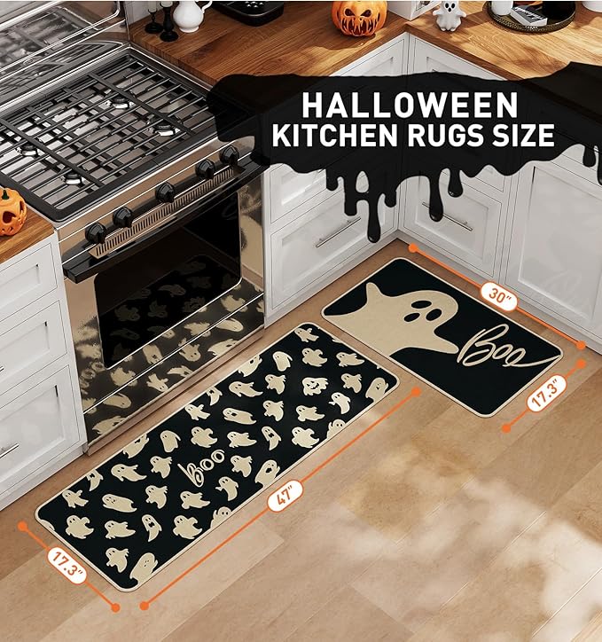 Halloween Kitchen Mat Set of 2, Ghosts Boo Halloween Kitchen Decor, Halloween Rug for Floor, Indoor Spooky Home Decor with Non-Slip Backing,17 x 29 Inch & 17 x 47 Inch