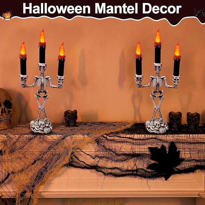 TURNMEON 2 Pack Halloween Candelabra with LED Flame Less Candles Holder Battery Operated Flickering Lights Skull Candles for Halloween Decorations Indoor Home Table Mantel Party Haunted Mansion Decor