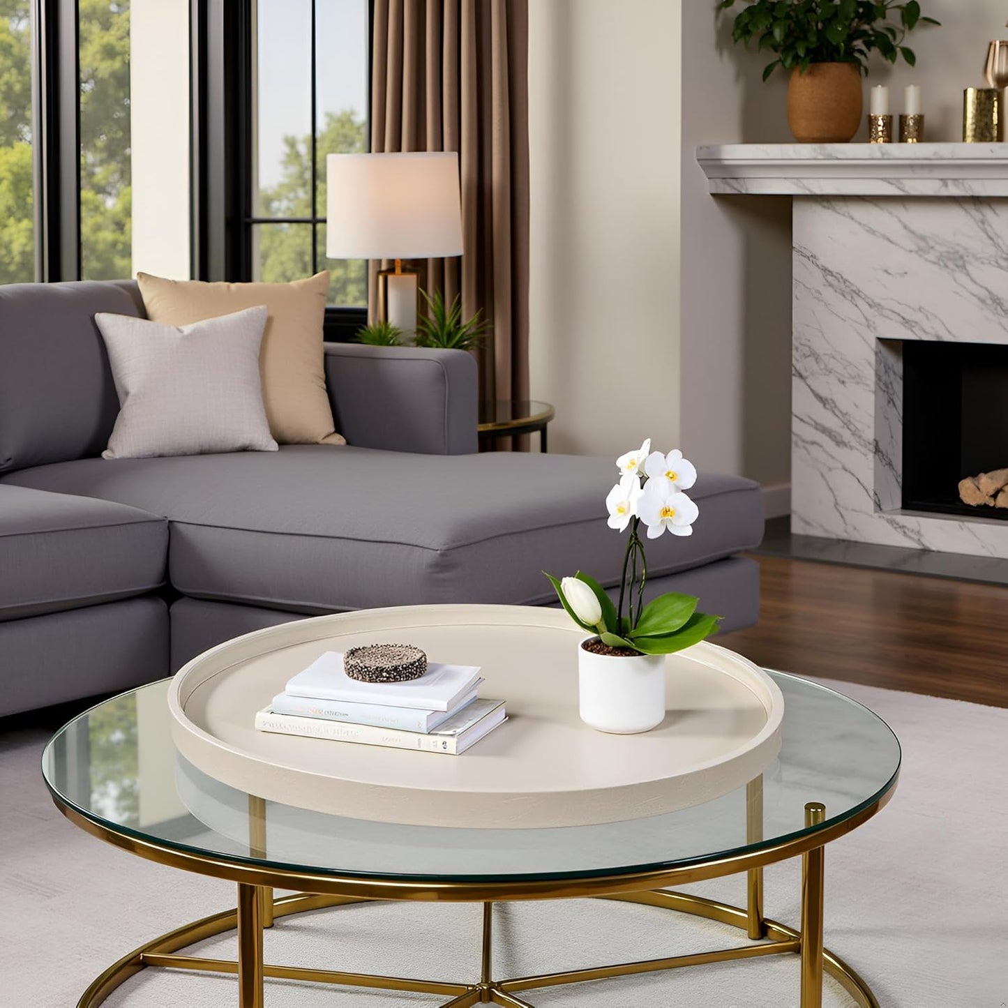 30 * 30 inches high-end Light Luxury Leather Round Oversized Service Tray, Ottoman Tray，Coffee Tray, Food Tray, Family Dinner, Out-of-House Picnic, Party Essential Tray (30 inch Beige)