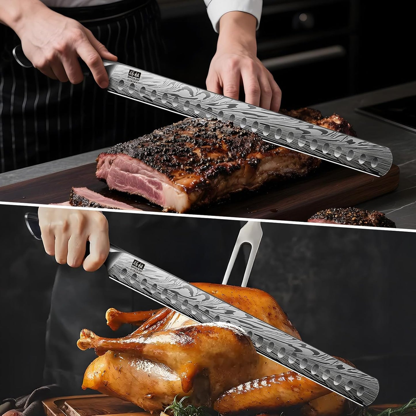 SHAN ZU Brisket Knife in Powder Steel, 12 Inch Carving Knife for Meat Cutting, Turkey and BBQ, Slicing Knives with Ergonomic Pakkawood Handle, Ultra Sharp Meat Knives