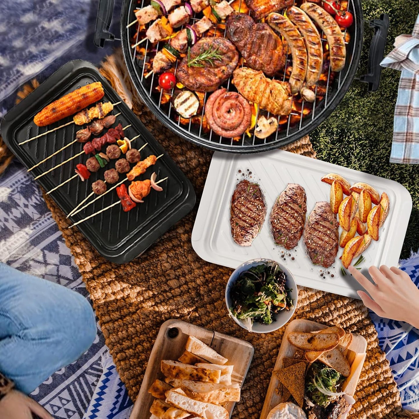 TP Grilling Prep and Serve Trays, 17" BBQ Tray for Meat Marinating and Food Plating, Melamine Serving Platters Set of 2 Grilling Accessories, Black and White