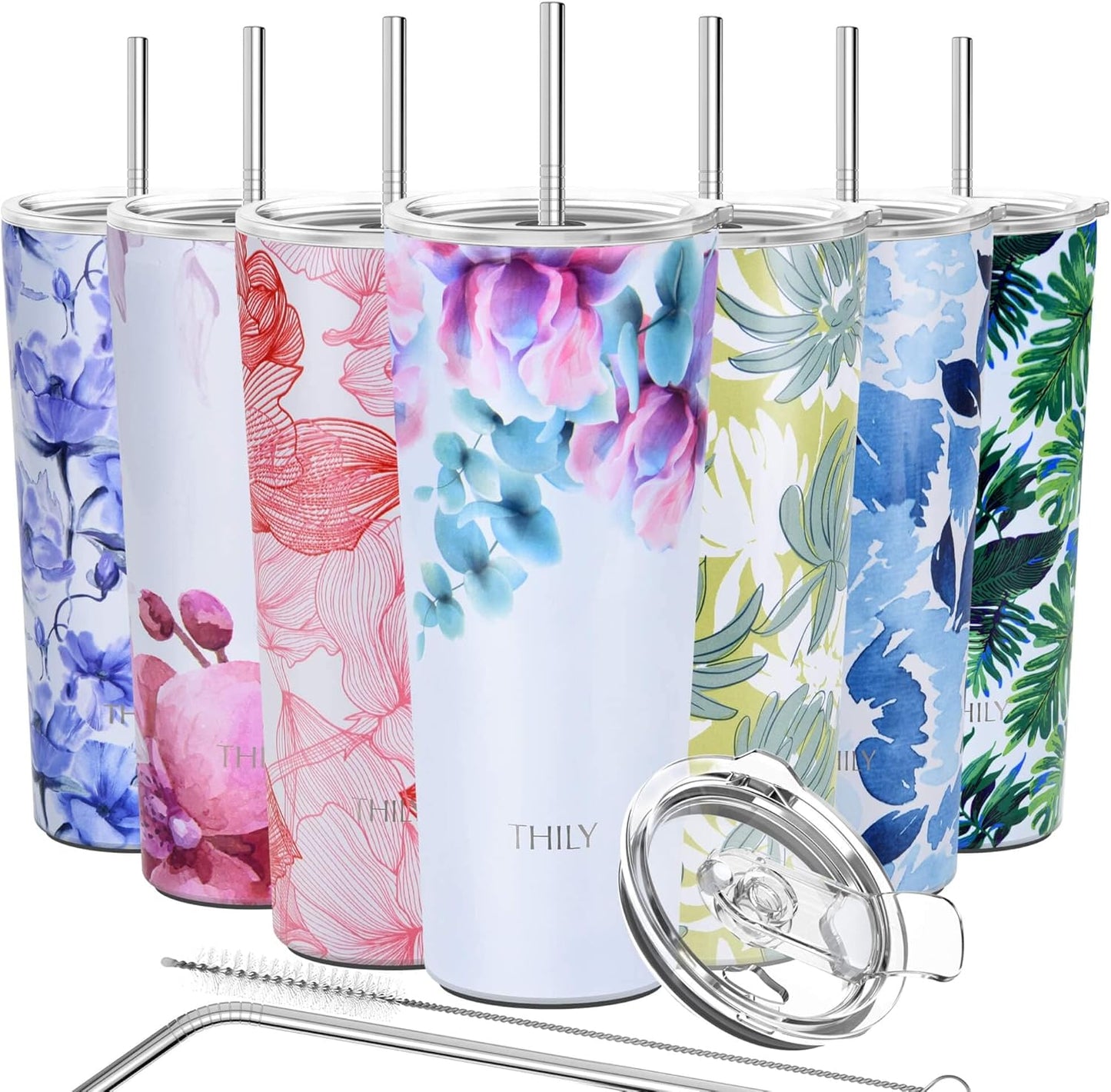 THILY Stainless Steel Vacuum Insulated Tumbler Travel Mug 26 oz Coffee Cup with 2 Lids and Straws, Splash Proof, Keep Ice Drinks Cold, Pink Lilies