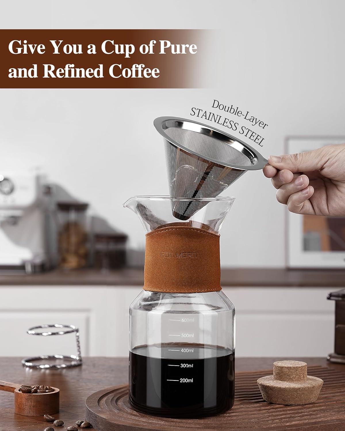 Pour Over Coffee Maker with Double-Layer Stainless Steel Filter, 20 oz Pour Over Coffee Dripper, Glass Carafe with Vintage Leather Collar and Cork Lid & Filter Stand for Espresso