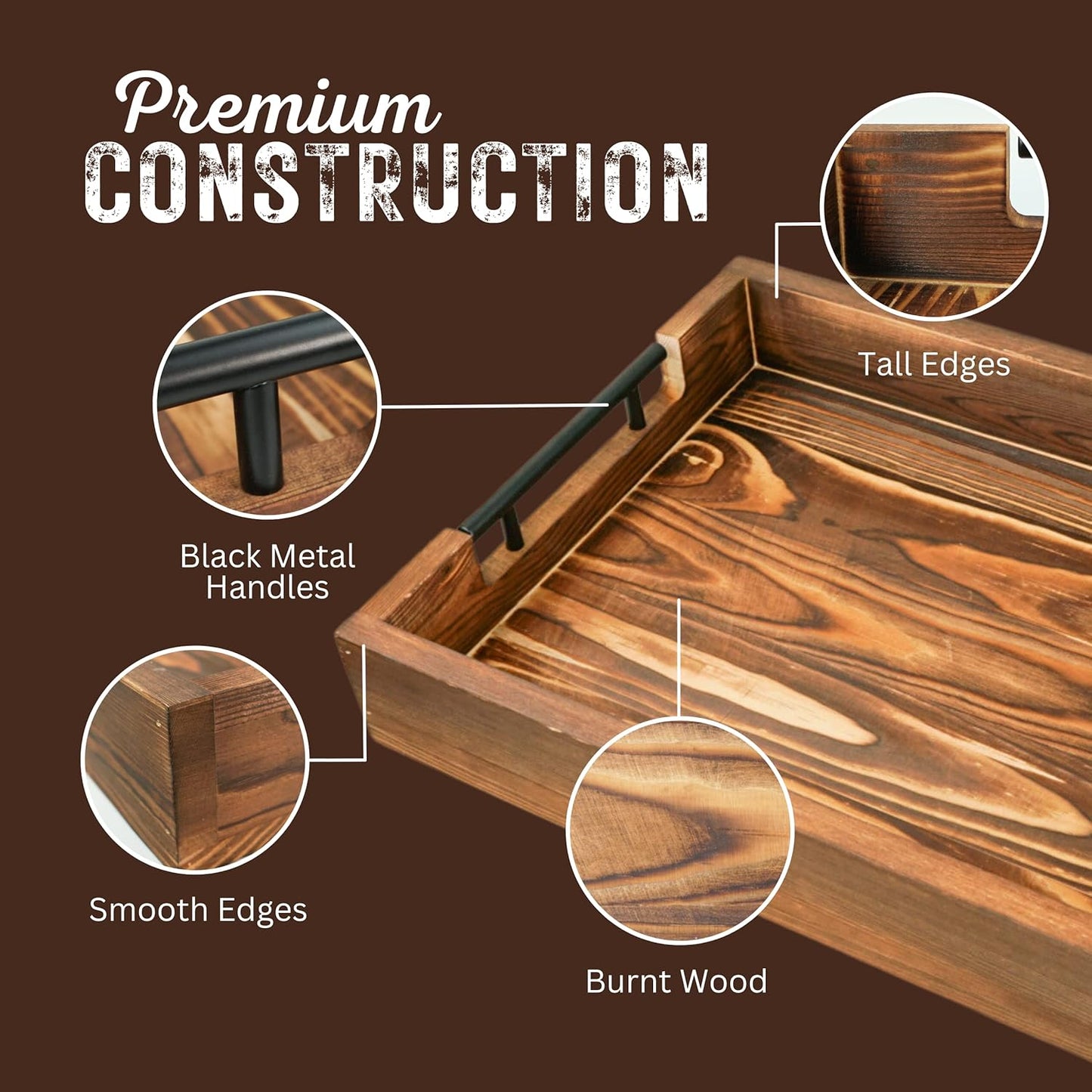 Natural Bamboo Serving Trays Modern Decorative Otman Trays with Metal Handles - Perfect for Living Room, Bedroom, Entryway & Kitchen