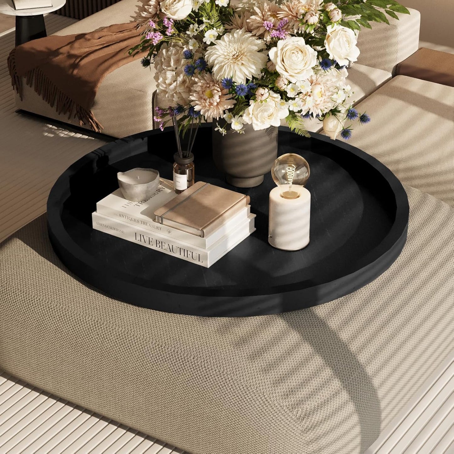 Round Ottoman Tray for Coffee Table Living Room Wood Serving Tray Large Wooden 24 Inches Black