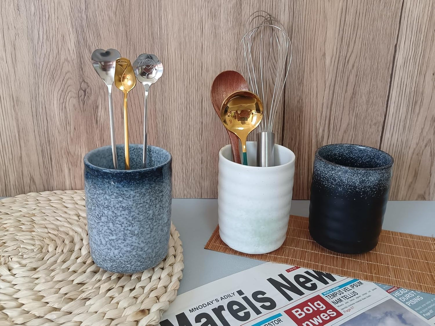 Stoneware Coffee Bar Utensil Holder Tea & Coffee Spoon & Stirrer Holder for Stir Stick Straw Teaspoon Holder Spoon Cup Small Utensil Jar (Snow night)