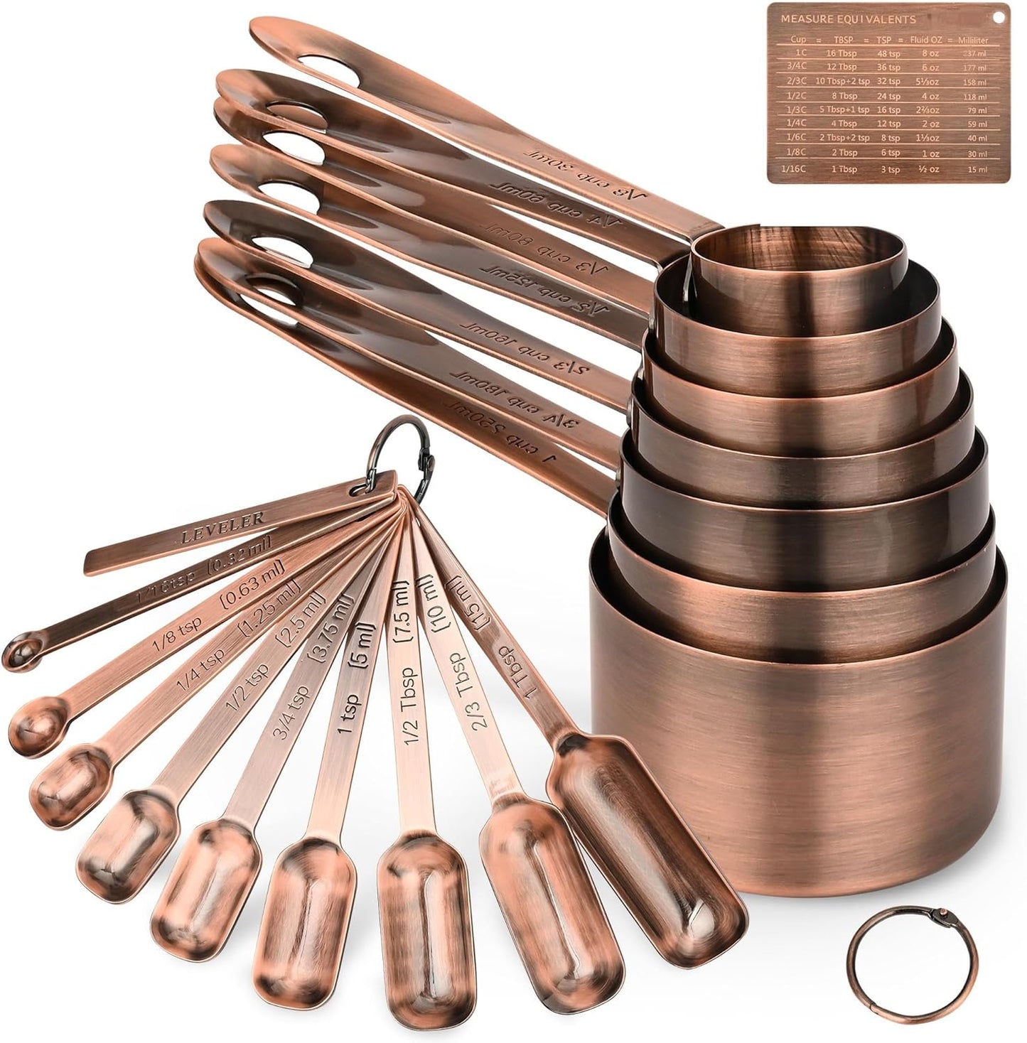Copper Plated Measuring Cups and Spoons Set, Stainless Steel Measuring Cups and Spoons Set, 7 Kitchen Measure Cup, 9 Spice Measure Spoons, US&Metric Measuring Tools for Baking