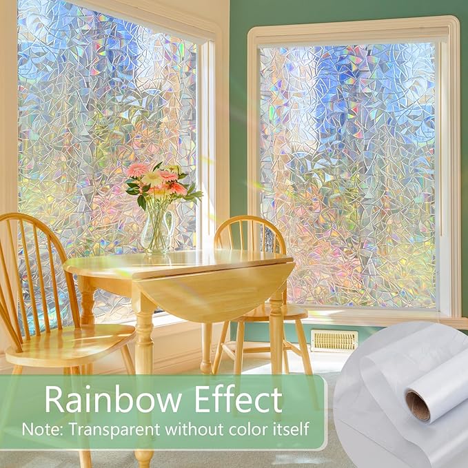 HIDBEA Window Privacy Film Static Clings, Rainbow Window Film, 3D Decals Non-Adhesive Window Vinyl Film for Home Door, 23.6 Inch x 13.1 Feet
