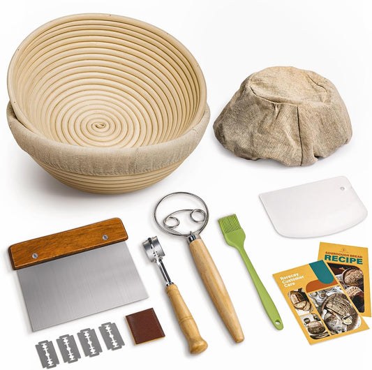 Rorecay Banneton Bread Proofing Baskets Set of 2, 9 Inch Round Cane Sourdough Bread Rising Basket Bowls with Sourdough Bread Making Tools Baking Supplies for Sour Dough Proofing Fermentation