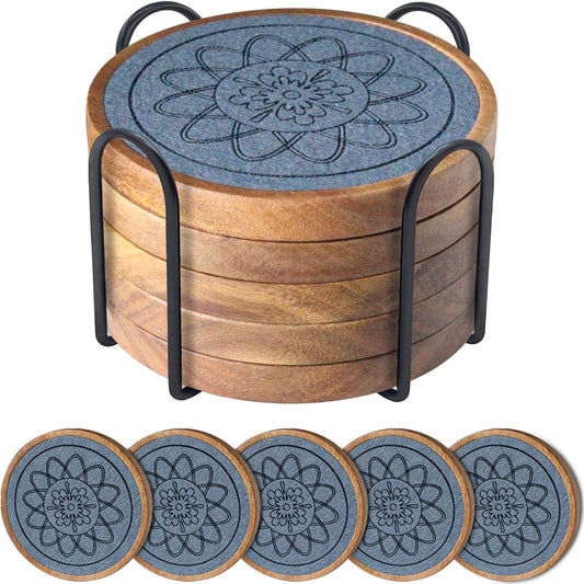 5 Pack Absorbent Coasters for Coffee Table with Holder, Wood Coasters with Felt Pads, Non-Slip, Non-Stick, Suit for Kinds of Cups 4.3 inch (Gray)