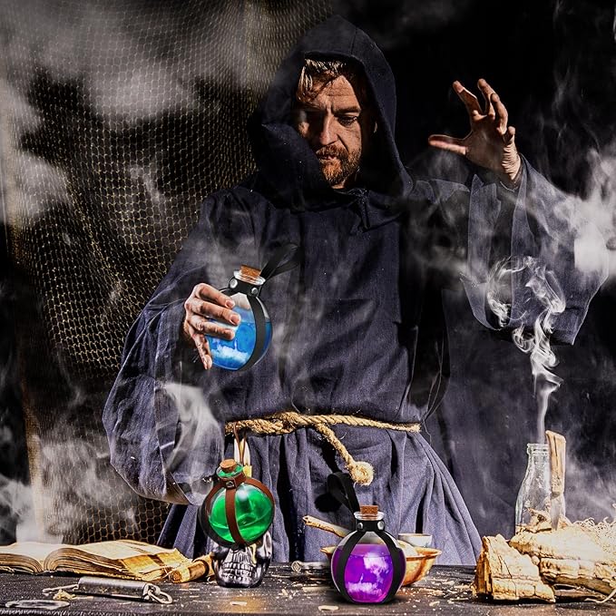 Patelai 2 Pcs Halloween Glass Potion Bottles with Belt Cork Renaissance Witch Costume Accessories Witch Props Potion Bottle for Halloween Party Decor Cosplay DIY Crafts Gift (Black,Brown)